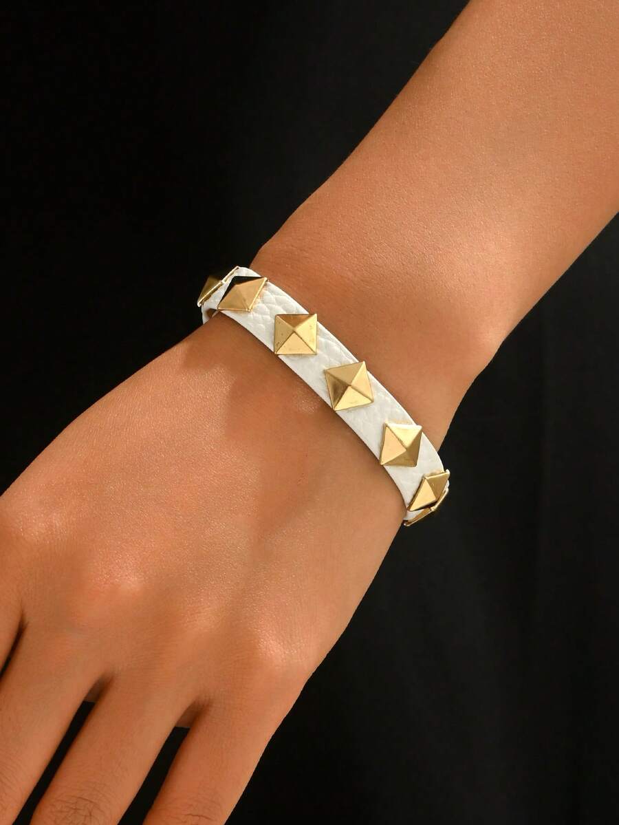 1 pieza Brazalete de mujer estilo gótico oscuro, motocicleta, Y2K, con remaches de triángulo de PU, estilo punk - Blanco - B1488 - Ver 1