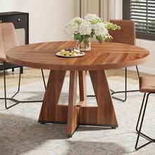 Round Dining Table Suitable For 4 People - 119.38 Cm Retro Base & Engineered Wood Tabletop, Multi-Functional Kitchen Table For Dining Room, Conference Desk, Office Desk, Space-Saving For Small Homes, Assembly - Brown - View 12