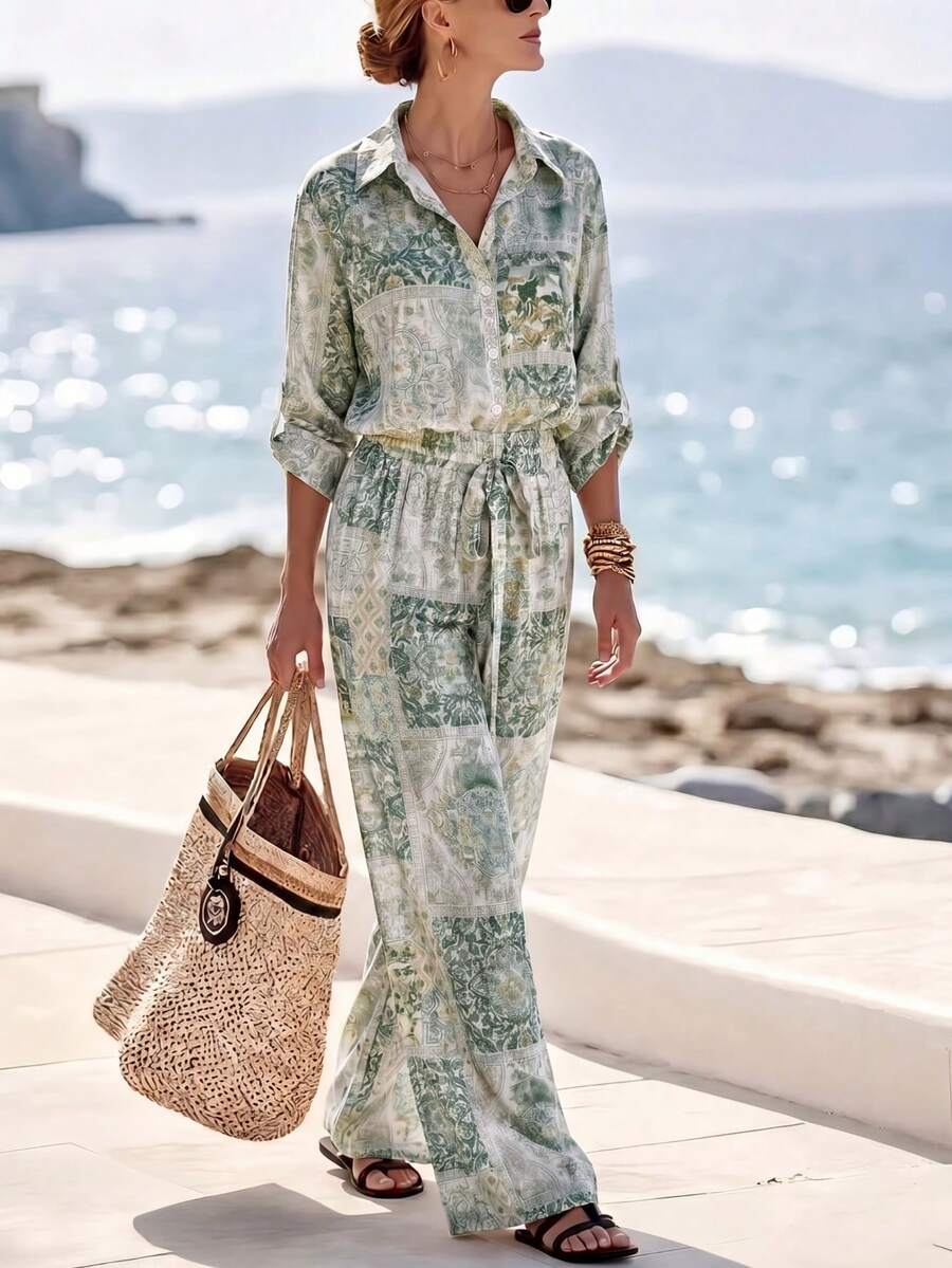 女款春/秋休閒寬鬆度假上衣與寬腿褲兩件套 - 混合色--綠色 - 查看 1