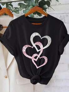 1 camiseta transpirable de verano con estampado de corazones plateados y rosados. Esta pieza presenta un diseño estampado plano, con pedrería y lentejuelas que sirven únicamente para fines decorativos. Camiseta Casual de Manga Corta con Cuello Redondo, Ropa de Mujer para Primavera y Verano. 180g Algodón 100% - Negro - Ver 8