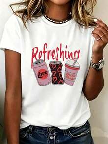 Fashion NEWCamiseta de Cuello Redondo con Estampado Gráfico Refrescante para Mujer - Top de Verano Blanco de Manga Corta con Diseño Colorido de Refresco y Batido, Camiseta Casual Suave y Transpirable, Regalo Perfecto para Amigas, Familia y Seres Queridos-Vintage Street Style Unisex Loose Cotton Short Sleeve Crew Neck T-Shirt - Blanco - Ver 7