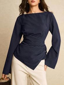 Camisa de mujer a rayas con pliegues, de uso versátil y casual para el día a día - Azul marino - Ver 1