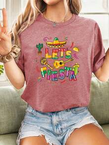 Camiseta de manga corta con cuello redondo para mujer, estilo europeo y americano, ligera y transpirable, con un diseño vibrante inspirado en festivales mexicanos, corte holgado para disfrutar fácilmente de las actividades al aire libre en verano y de los momentos festivos, adecuada para varios conjuntos deportivos casuales de estilo urbano. Estilo coreano, manga corta holgada. - Negro - Ver 10