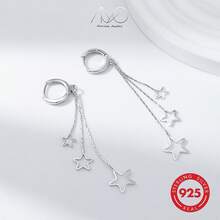 925 Silver Long Star Hollow Tassel Earrings For Women, Minimalist & Sweet, Suitable For Daily, Vacation, Party Wear, Holiday Gift - Silver - View 7