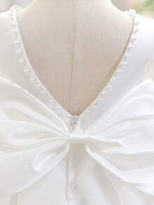 Vestido blanco elegante para niña de flores con mangas abullonadas, espalda en V con lazo y cuentas, adecuado para fiesta de primer cumpleaños, diadema no incluida - Blanco - Ver 10