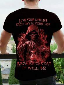 Camiseta de manga corta para hombre de talla grande con diseño de calavera y llama - Color Mezclado 2 - Ver 6