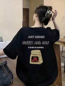 Camiseta de manga corta de diseño único para mujer, camiseta de manga corta de moda con estampado de dibujos animados para verano. 8PZY - Negro - Ver 1