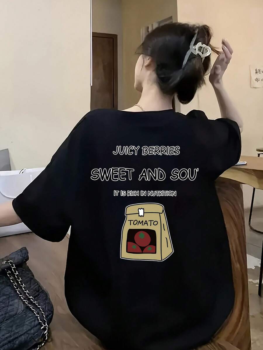 Camiseta de manga corta de diseño único para mujer, camiseta de manga corta de moda con estampado de dibujos animados para verano. 8PZY - Negro - Ver 1