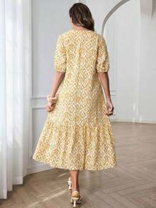 Summer Dress With All-Over Print, Notched Collar And Puff Sleeves, Bohemian Style For Vacation - Yellow - View 2