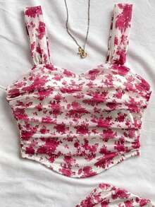Women's Tiny Floral Print Camisole Top And Pleated Mini Skirt Set, Vacation Style, Beach Outfits, Spring And Summer Outfits For Women, Western Music Festival, Boho Bohemian Holiday Outfits - 黑色 - 查看 10
