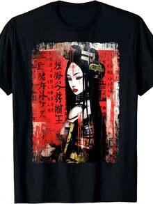 Camiseta Unisex con Estampado Artístico de Geisha Negra - Impresionante Estilo Tradicional Japonés, Diseño Atractivo con Contraste de Rojo y Blanco, Perfecta para Entusiastas del Estilo Punk y Gótico Urbano.camisas de mujer sudaderas para mujer sueter blusa casual mujer verano vestidos de graduación - Negro - Ver 6