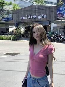 Women's Elastic Fitted V-Neck Short Sleeve T-Shirt Casual Top Summer Pink - Pink - View 3