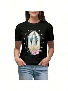 ropa de mujer  Recomendaciones del diseñadorCamiseta de la Virgen María para mujeres, camiseta de moda casual con cuello redondo, tops sueltos y cómodos  camisas de mujer - Negro - Ver 6