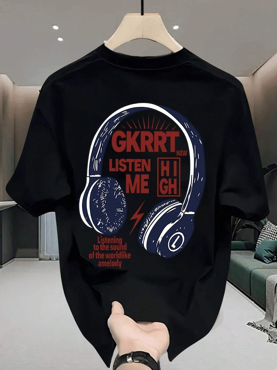 Fashionable Pure Cotton T-Shirt With Brand Print, Short Sleeve, Casual And Versatile, Plus Size, New For Summer, Men's - 黑色 - 查看 1
