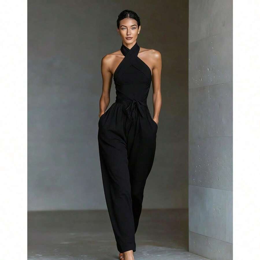 Mono nuevo para mujer de lino con tirantes cruzados, cordón ajustable y pantalones anchos - Negro - Ver 1