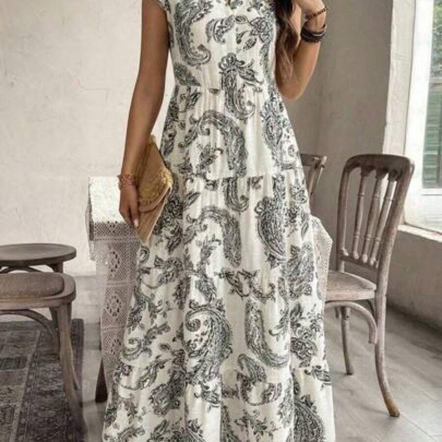 YijiaNvz Vestido casual de vacaciones y citas con cuello en V, cintura fruncida y estampado de flores de anacardo para mujer - Negro01 - Ver 1