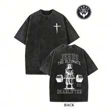 Vintage Acid Effect T-Shirt Of Jesus The Ultimate Deadlifter | Oversized Christian Gym T-Shirt, Christian Gym Meme T-Shirt Of Jesus Lifting Weights | Oversized Retro Workout Faith T-Shirt For Men - 黑色 - 查看 1