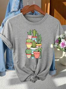 Camiseta de Manga Corta con Cuello Redondo y Estampado de Cactus Multicolor, Estilo Vintage Elegante para Mujeres, Ideal para Sesiones de Fotos, Viajes, Vacaciones y Uso Diario Versátil - Gris Claro - Ver 1
