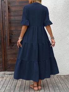 Vestido casual de unicolor con escote en pico para vacaciones de mujer - Azul marino - Ver 2
