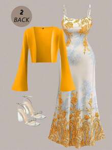Look romántico y femenino: conjunto de dos piezas formado por cárdigan de punto de manga acampanada en tono sólido y vestido ceñido con flores, perfecto para celebrar San Valentín o lucir en eventos de primavera y verano - Naranja Quemada - Ver 3