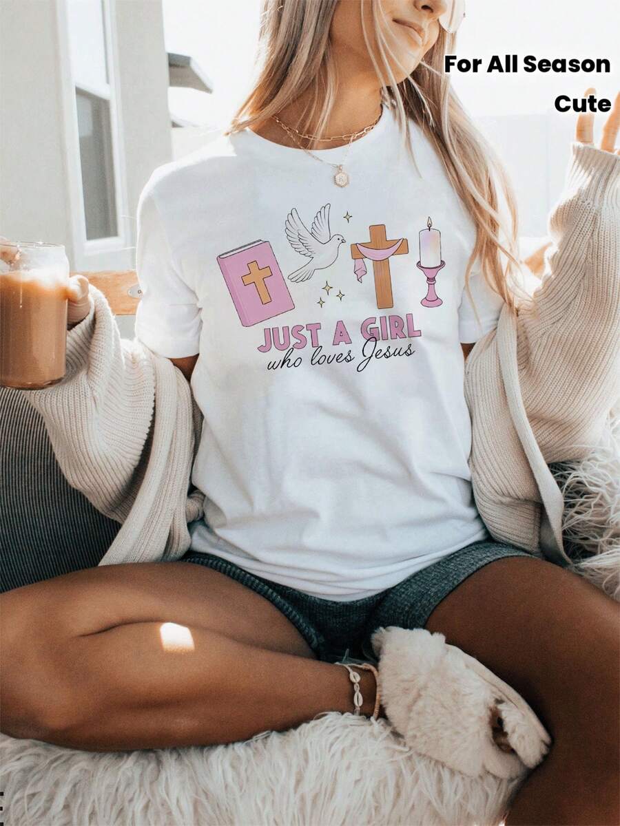 1 pieza de camiseta con estampado de la Biblia "Solo Amo a Jesús", estética, de manga corta y cuello redondo, informal, adecuada para todas las estaciones, ropa de mujer, ropa religiosa, ropa de fe, camiseta a la moda, camiseta con estampado bonito, ajuste cómodo, tela transpirable, camiseta de mujer, camiseta estampada, para adultos, moda religiosa, 180g Algodón 100%. - Blanco - Ver 1