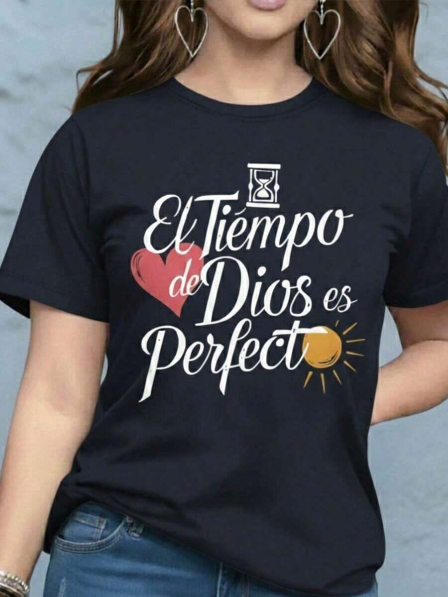 Playera camiseta blusa gráfica dama mujer estampada casual estampado love amor parejas corazon febrero corte regular material suave cuello redondo manga corta diario día noche calle casa cómoda fresca ligera moderna juvenil urbana aesthetic primavera verano playa calor y2k femenina frase religiosa tiempo de dios es perfecto letras cristiana corazón - Azul marino con blanco - Ver 1