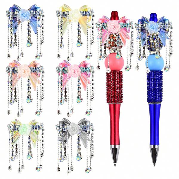 6Pcs Bow Flower Tassel Fancy Beads For Pens Acrylic Bow Focal Spacer Beads For DIY Craft Beadable Pens Keychain Bracelet Necklace Earrings Jewelry Making, Assorted Mixed Colors
