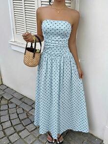 ccMainGRL Vestido bandeau con cintura ceñida y estampado de lunares, estilo vacacionalcc 1H30 - Azul - Ver 6