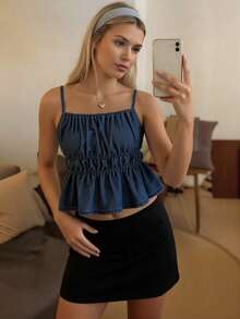 Teen Girls' Denim Camisole, Fashionable New Design, Cable Knit Texture, Dark Blue Sleeveless Cropped Top, Summer - Dark Wash - View 2