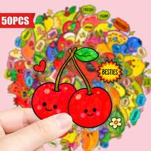 50pcs Vibrant Cartoon Fruit Theme Stickers, Healing Style, Personalized Waterproof Decorative Stickers, Fresh Ins Style, DIY Material For Phone Cases And Notebooks - Black - View 6