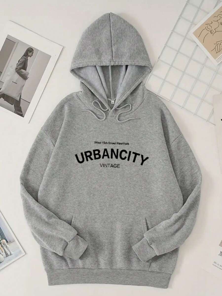 MSUGO Capucha con estampado de letra con cordón con forro térmico - Gris - Ver 1