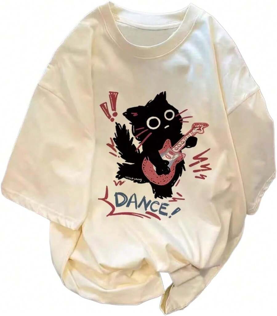 Camiseta oversize estilo Harajuku, camiseta gótica punk con estampado de gato, ropa de calle de verano, camiseta casual de corte holgado, camiseta del milenio. - Beis - Ver 1