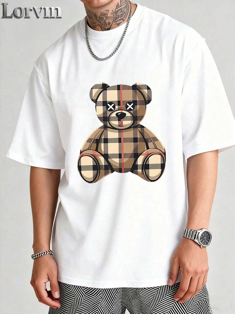 Teddy Bear Checkered Men's T-Shirt, Summer Fashion, Casual Holiday Style, Round Neck, Stylish And Versatile, Suitable For Everyday Wear Or Weekend Trips, A Perfect Gift For Men. - White - View 1