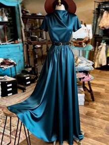 Vestido de mujer elegante con bloqueo de color, adecuado para ir al trabajo, vacaciones, con pliegues en los hombros, cintura elástica con cinturón, versátil para negocios, oficina, citas, uniforme de maestra, Navidad, Año Nuevo, reuniones casuales, viajes, elegante, minimalista, para todas las estaciones, playa, verano, resort, formal, noche, fiesta - Negro - Ver 5