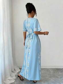 Nuevo vestido de mujer elegante con cuello en V y estampado de moda - Celeste - Ver 2