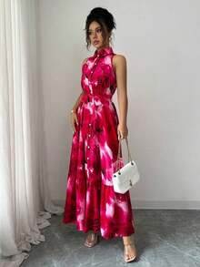 Vestido informal de verano para mujer con botones delanteros, estampado floral y sin mangas - Rosa Fucsia - Ver 5