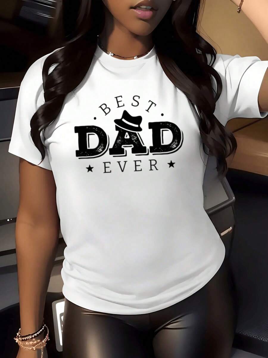 Texto que celebra con orgullo la figura del padre con letras grandes en negro y estrellas que simbolizan cariño respeto y fortaleza camiseta de mujer moderna cómoda para uso casual - Blanco - Ver 1