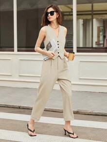 Conjunto casual de 2 piezas de unicolor para mujer, atuendo casual de negocios urbanos, elegante para la oficina, atuendo de maestra, primavera/verano - Beis - Ver 4