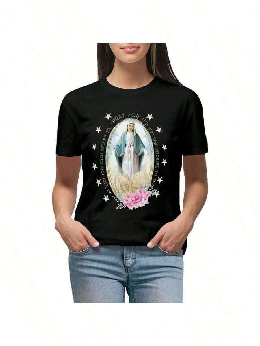 ropa de mujer Recomendaciones del diseñadorCamiseta de la Virgen María para mujeres, camiseta de moda casual con cuello redondo, tops sueltos y cómodos camisas de mujer - Negro - Ver 1
