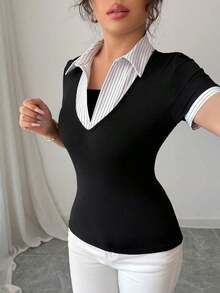 Camiseta casual de negocios de estilo vintage 2 en 1 para mujer, adecuada para la oficina, temporada de regreso a clases - Blanco y Negro - Ver 5