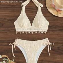 Fengyu Women's Clothing Store  2 piezas Conjunto de bikini de top halter con decoración de concha y Bottom triangular en V con estampado floral de color albaricoque para mujer, ideal para vacaciones de verano en la playa - Negro - Ver 2
