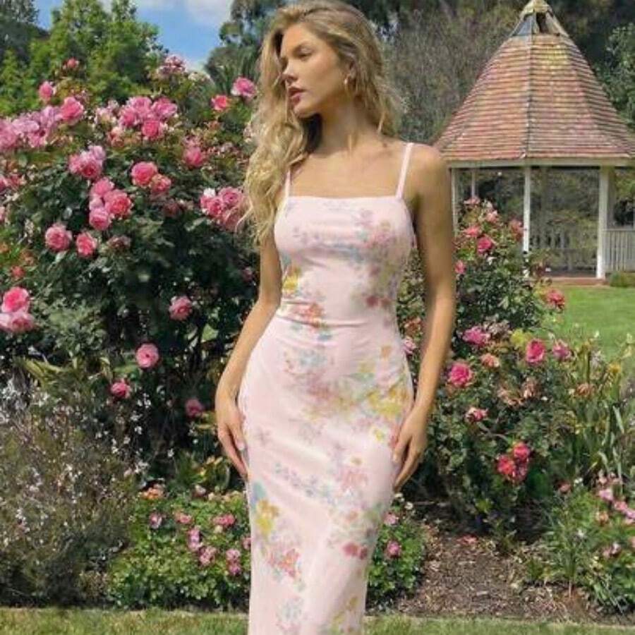 guang zhou mi qian shang mao MOD Vestido midi de slip elegante con cintura ceñida y estampado floral para fiesta - Rosa Pálido - Ver 1