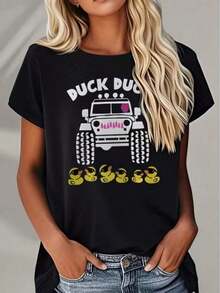 Camiseta con Estampado de Camioneta de Patos, Camiseta Casual, Camiseta para Uso Diario, Camiseta para Vacaciones, Camiseta Deportiva, Ropa de Mujer - Negro - Ver 1