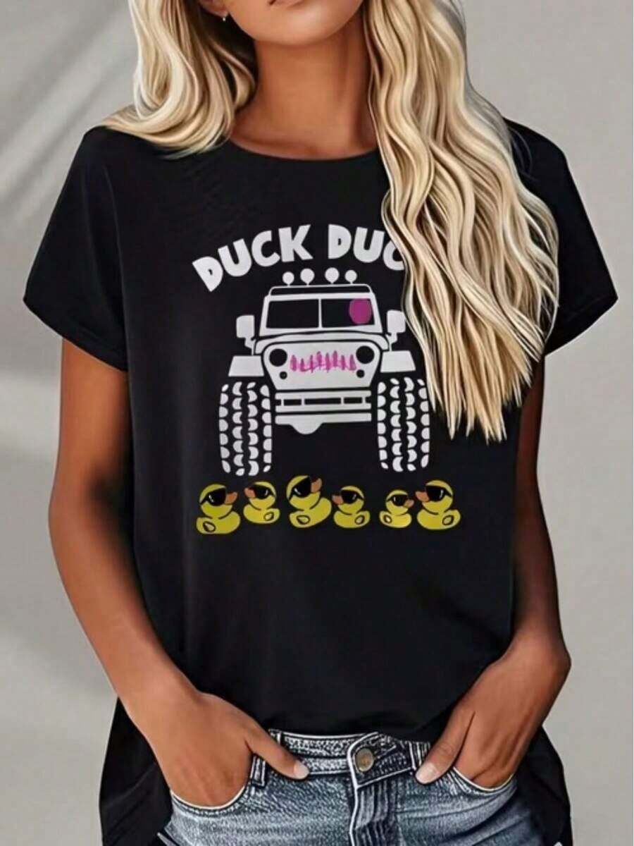 Camiseta con Estampado de Camioneta de Patos, Camiseta Casual, Camiseta para Uso Diario, Camiseta para Vacaciones, Camiseta Deportiva, Ropa de Mujer - Negro - Ver 1