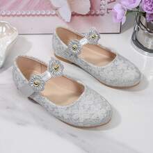 Zapatos planos de niña con diseño de flor de malla y cristales, versátiles y de alta gama para fiesta, boda y baile - Plateado - Ver 3