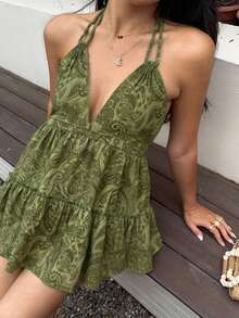 Vestido bohemio con estampado, sin espalda, con tirantes de lazo y moño, para uso casual, vacaciones y uso diario, primavera/verano para mujer - Verde - Ver 6