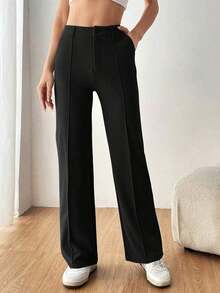 Pantalones rectos de traje sólidos para mujer en otoño/invierno - Negro - Ver 3