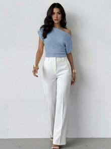 de mujer con cuello asimétrico texturizado y mangas tipo murciélago, de tela perforada, adecuada para primavera/verano, para ir al trabajo, elegante, casual, diaria, para vacaciones casuales y de ocio, elegante, para ir al trabajo, para volv - Celeste - Ver 7