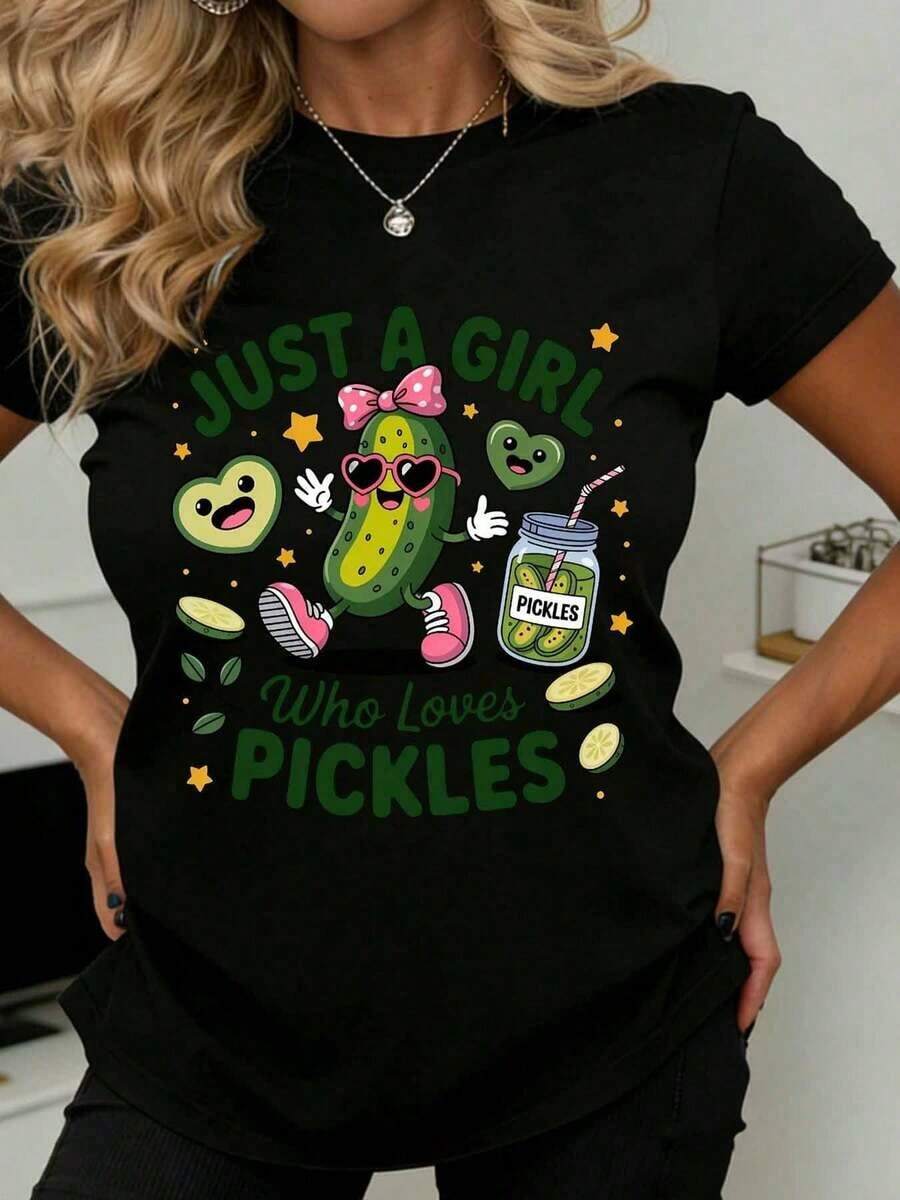Just A Girl Who Loves Pickles, Women's Funny Pickle Design T-Shirt, Food Lover Graphic Tee, Perfect For Casual And Sporty Wear - 黑色 - 查看 1