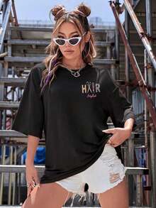 Camisetas de gran tamaño, Camiseta conmemorativa, Nuevos productos de la temporada, Camisetas de mujer con estampado de letras divertidas, Camisetas minimalistas casuales para mujer, Camiseta casual de mujer con estampado de leopardo y cebra, cuello redondo, manga corta, negra, hecha de tela de punto. 1NWT - Negro - Ver 4